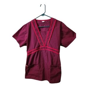 Elegant Burgundy V-Neck Scrub Top with Red Accents